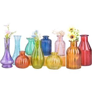 Eleganttime Bud Vases for Flowers,Glass Colored Bud Vase in Bulk Set of 10,Small Vintage Vase Bottle for Wedding Decorations,Garden and Home Decor,Centerpieces,Colorful Mexican Decor