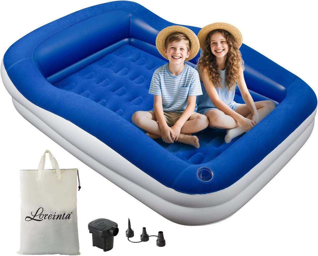 Inflatable Toddler Travel Bed  Portable Toddler Bed with Safety Bumpers, Toddler Floor Bed for Travel, Camping, Sleepovers  Kids Blow Up Bed with Pump & Carry Bag (Blue)