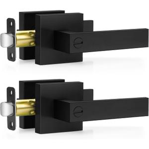 Plustool 2 Pack Matte Black Door Handles Interior, Keyless Interior Door Knobs, Privacy Door Locks for Bedroom Bathroom, Heavy Duty Square Door Lever Locksets, Reversible for Left&Right Handled Doors