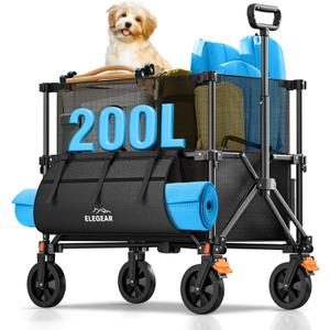 Elegear Wagon Cart Foldable Collapsible 440LBS - Adjustable Capacity from 100L to 200L - Heavy Duty Utility Beach Wagon with All-Terrain Wheels & Smallest Folding Design for Camping Sports Shopping (Black)