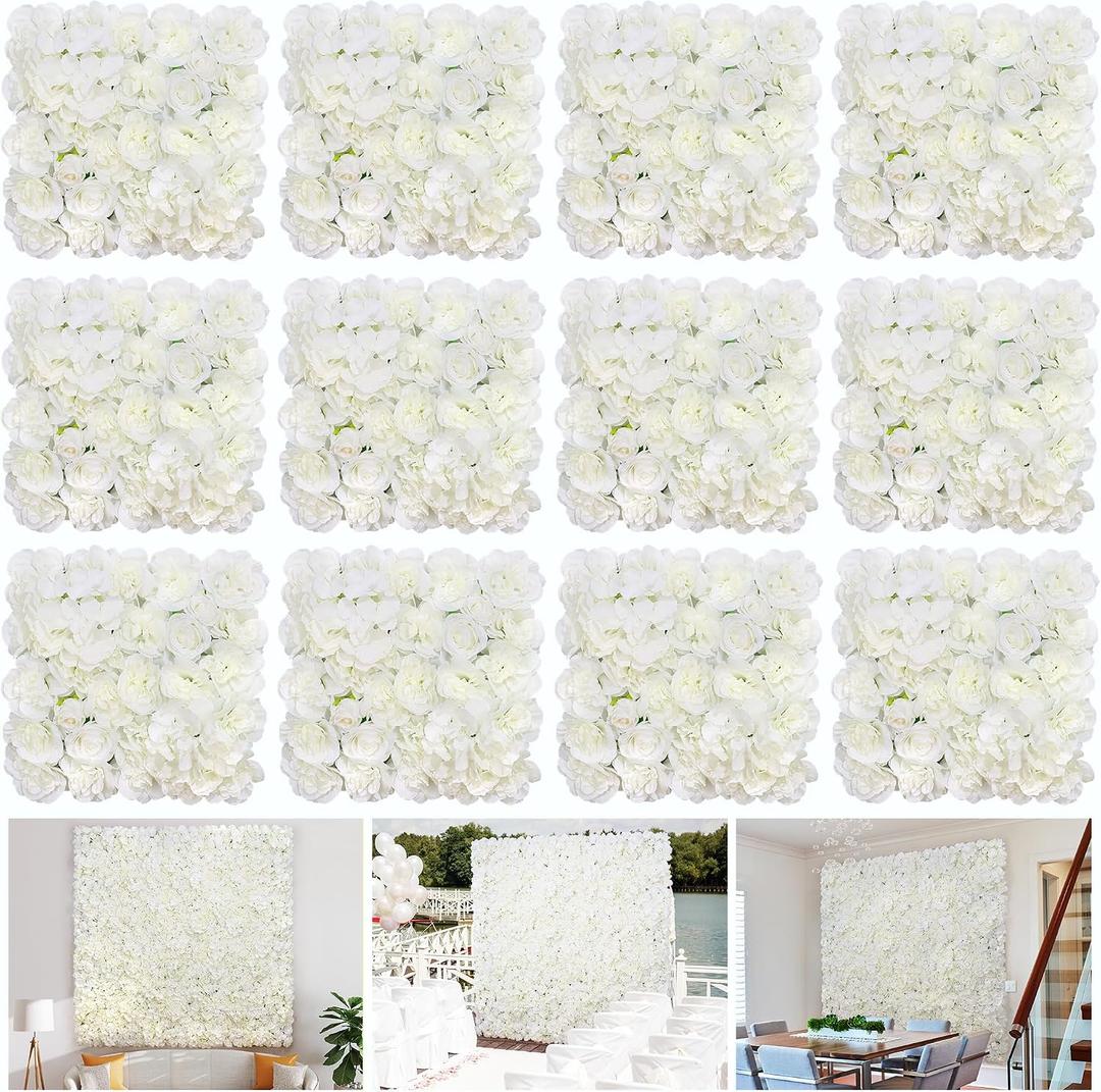 RIDDSEE 12pcs Flower Wall Backdrop16.5 x16.5 Artificial Floral Panels-White