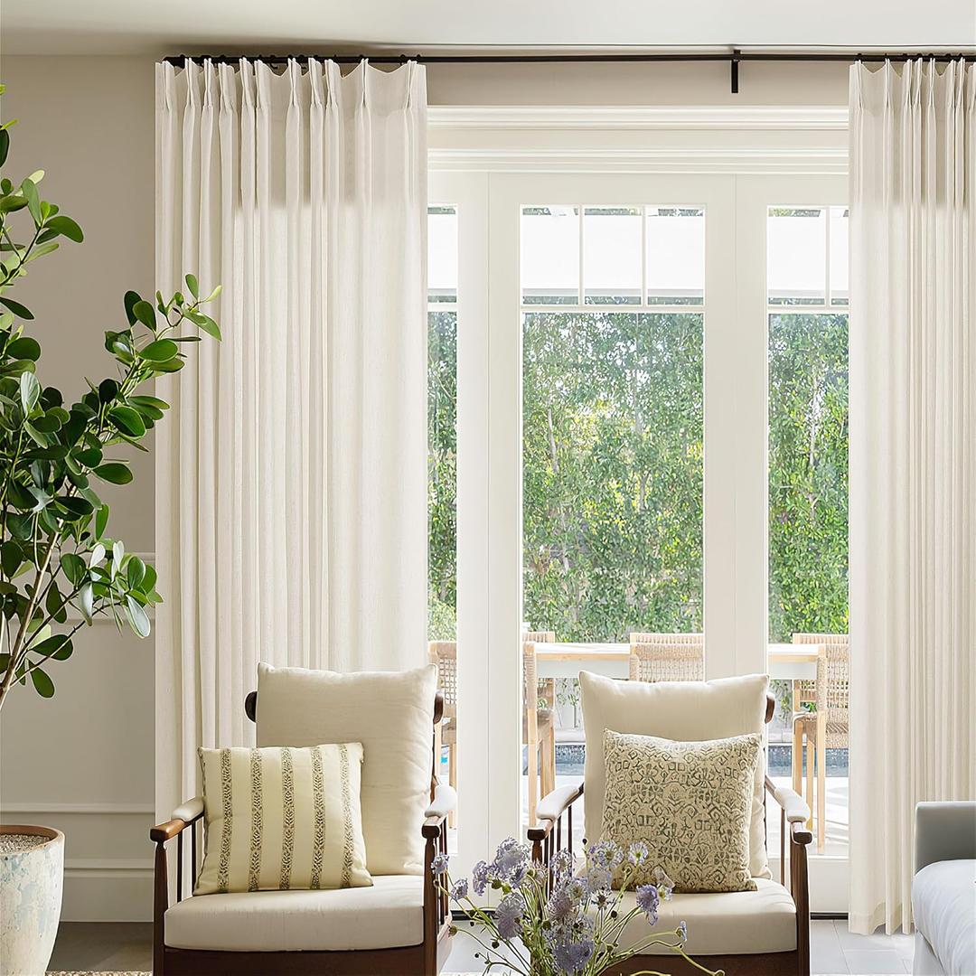 72 x 96 Inch Pinch Pleated Linen Curtains for Living Room Pleated Drapes with Hooks Rings Back Tab Cream Beige Semi Sheer Curtains 96 Inch Length for Sliding Door Dining Bedroom Window 8Ft 72x96