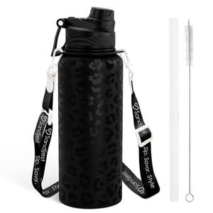 Black Leopard Skin Stainless Steel Water Bottle with Strap 32oz, Insulated Bottles with Straw and Spout Lid for Gym Sports Travel Outdoor, Gifts for Women Girls Birthday Christmas
