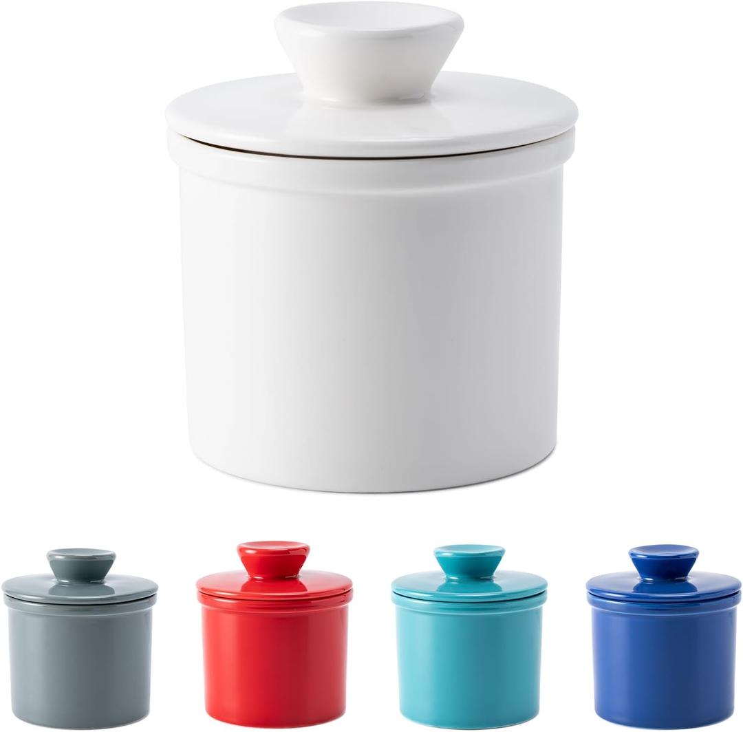 Husfunov Butter Crock With Water Line for Countertop, French Dish With Lid, Ceramic Keeper for Fresh Spreadable Butter, Container Holder for Kitchen and Home Decor, White