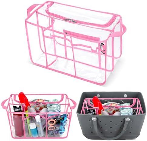 Rexmica Clear Beach Bag Organizer Insert Compatible with Bogg Bag X Large, Waterproof Rubber Tote Bag Insert Divider Pouch, Beach Tote Organizer Liner 15.6 x 8.4 x 10.8 Inches, Pink