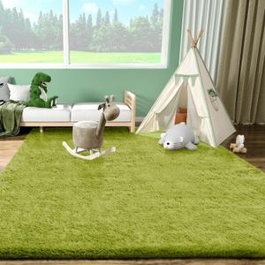 Green Rug Grass Area Rugs for Bedroom, 4x6 Shag Fluffy Carpet, Fuzzy Furry Plush Soft Cute Kids Baby Girls Shaggy Bedside Indoor Floor Carpets for Teen Dorm Home Decor Aesthetic, Nursery