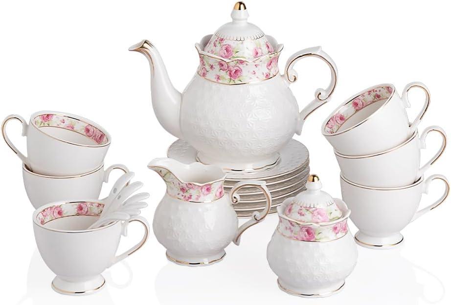 Sweejar 21 Pieces Porcelain Tea Set, Vintage Floral Gold Trimmed Teapot Cup and Saucer Set, Tea Cup for Loose Tea, Sugar Bowl and Creamer Pitcher with Spoons, Service for 6(Retro Flower)