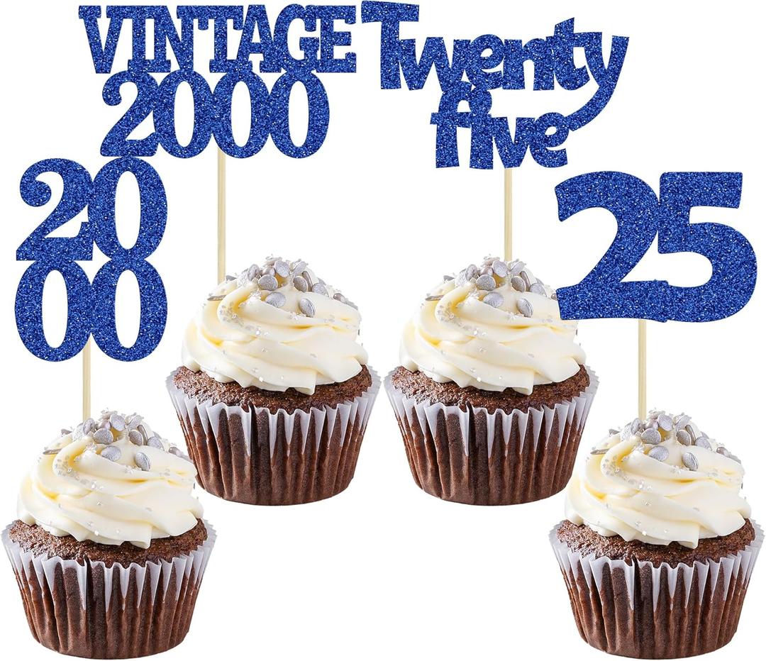 2 x Gyufise 24Pcs 25th Birthday Cupcake Toppers Glitter Twenty-five Vintage 2000 Cheers to 25 Cupcake Picks Birthday Cake Decorations for Happy 25th Anniversary Party Supplies Deep Blue