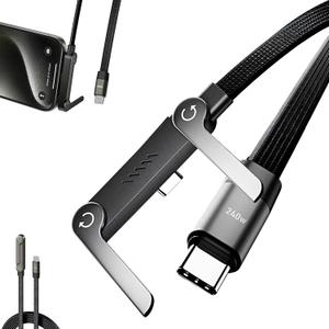 240W Braided Fast Charge Cable with Built-in Phone Stand, Type-C to Type-C, 2-in-1 Invisible Holder Charger Cable, Multi Charger Cord with Type C Multi-Angle Adjustable Stand (1.5m)