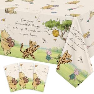 3Pcs Classic Winnie Bear Baby Shower Birthday Decorations Quotes Table Cloths, Neutral Rectangle 54 x 108Inch Disposable Vintage Pooh Bear Tablecloths for Winnie Gender Reveal 1st Birthday Decorations