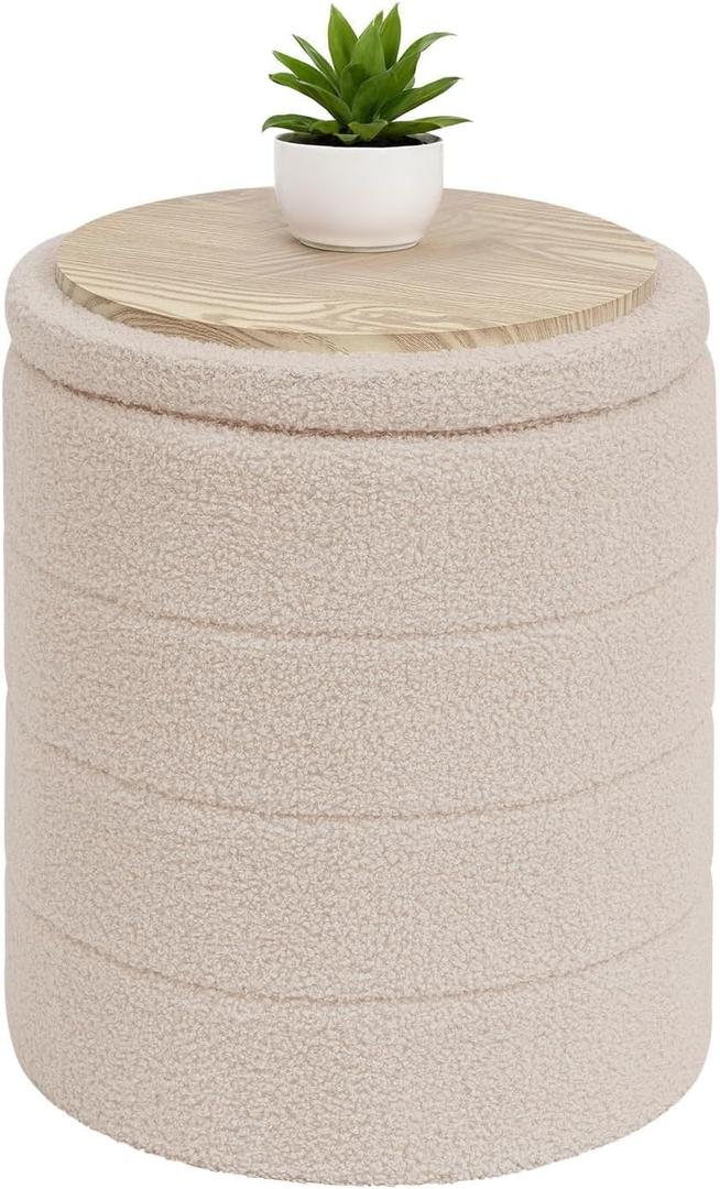 B FSOBEIIALEO Ottoman with Stroage, Round Sherpa Storage Ottoman Stool, Boucle Foot Rest 14.6"x14.6"x17.7"Beige