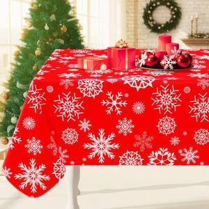 Rectangle Waterproof Vinyl Table Cloth, Wipeable Tablecloth with Flannel Backing, Plastic Table Cover for Dinner, Christmas Party (Red Snowflake, 54x34inch)
