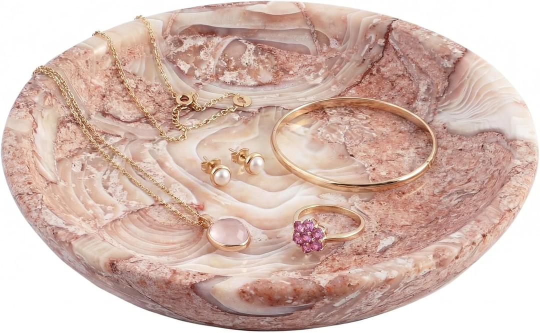 Small Natural Marble Jewelry Tray Key Plate Holder Dish Trinket Decor Catch All Bowl for Ring Earring Stone Gift for Women Daugther,Shell Pink,5.5"