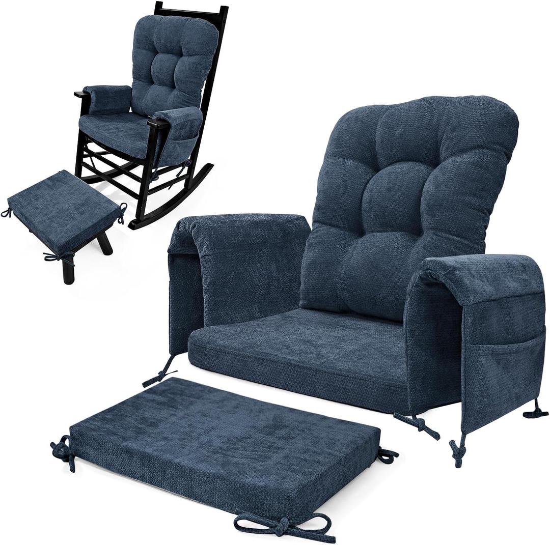 5 PCS Glider Rocker Replacement Cushions with Storage Side Pocket, Luxuriy Chenille Fabric Foam & Microfiber Filling, Thickened & Supportive Rocking Chair Cushion Set, Dark Blue