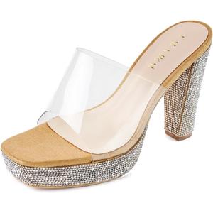 LALA IKAI Women's Black 4 Inches Rhinestone Platform Chunky Heels Sandals (6.5, Yellow)
