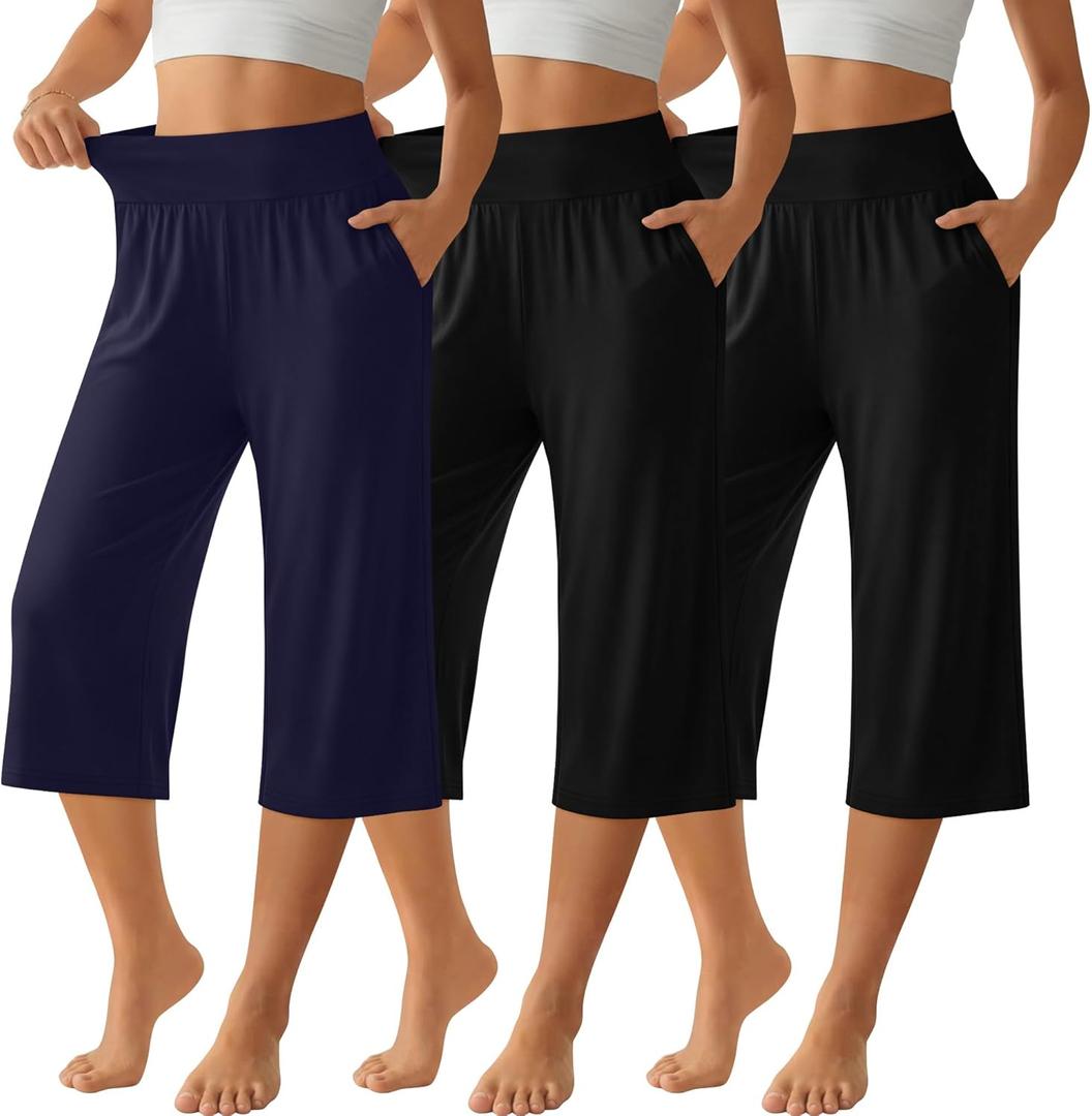 Neer 3 Pack Women Capri Pants Wide Leg High Waist Crop Lounge Sweatpants Loose Summer Casual Workout Pants with Pocket (Black, XL)