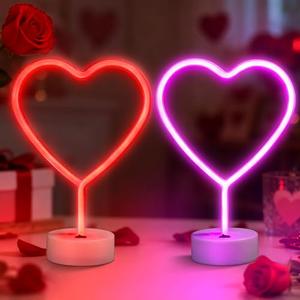 [Timer] Valentines Day Decorations, 2 Pack Heart Neon Signs Valentines Day Decor, USB & Battery Operated Valentines Decor Red Pink Neon Lights, Valentines Day Decorations for Home Table Party Room