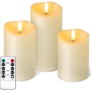 NURADA Outdoor Flameless Candles with Remote Timer - Waterproof Realistic Flickering LED Pillar Electric Battery Operated Fake Candle for Holiday Home Wedding Fireplace Decor - 3 Pack Ivory (D3"H4"5"6")