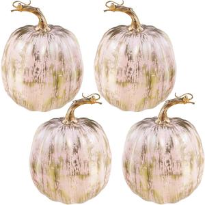 Winlyn Set of 4 Faux Gold Brushed Pink Pumpkins Rustic Harvest Pumpkins Decorative Pumpkins Artificial Pumpkins 6.7" for Fall Decor Halloween Thanksgiving Wedding Tabletop Mantel Kitchen Decoration