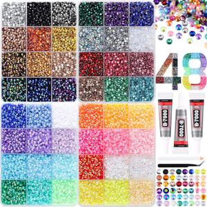 30000Pcs in 48 Colors Rhinestones for Bedazzling and Diamond Art, 3mm Flatback Gems with 310ml B7000 Jewelry Glue Tweezers, Perfect for Nail Art, Crafting, Clothing, Fabric Decor