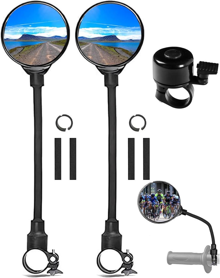 Bike Mirror With Bike Bell 360 Adjustable HD Convex Handlebar Mirror Anti-Scratch Riding Mirrors (2* Mirror + 1* Bell)
