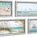 Beach Framed Wooden Pictures Wall Art: Coastal Art Set of 4 Seascape Prints Starfish Pictures Ocean Artwork for Bedroom Overall 36"W x 24"H