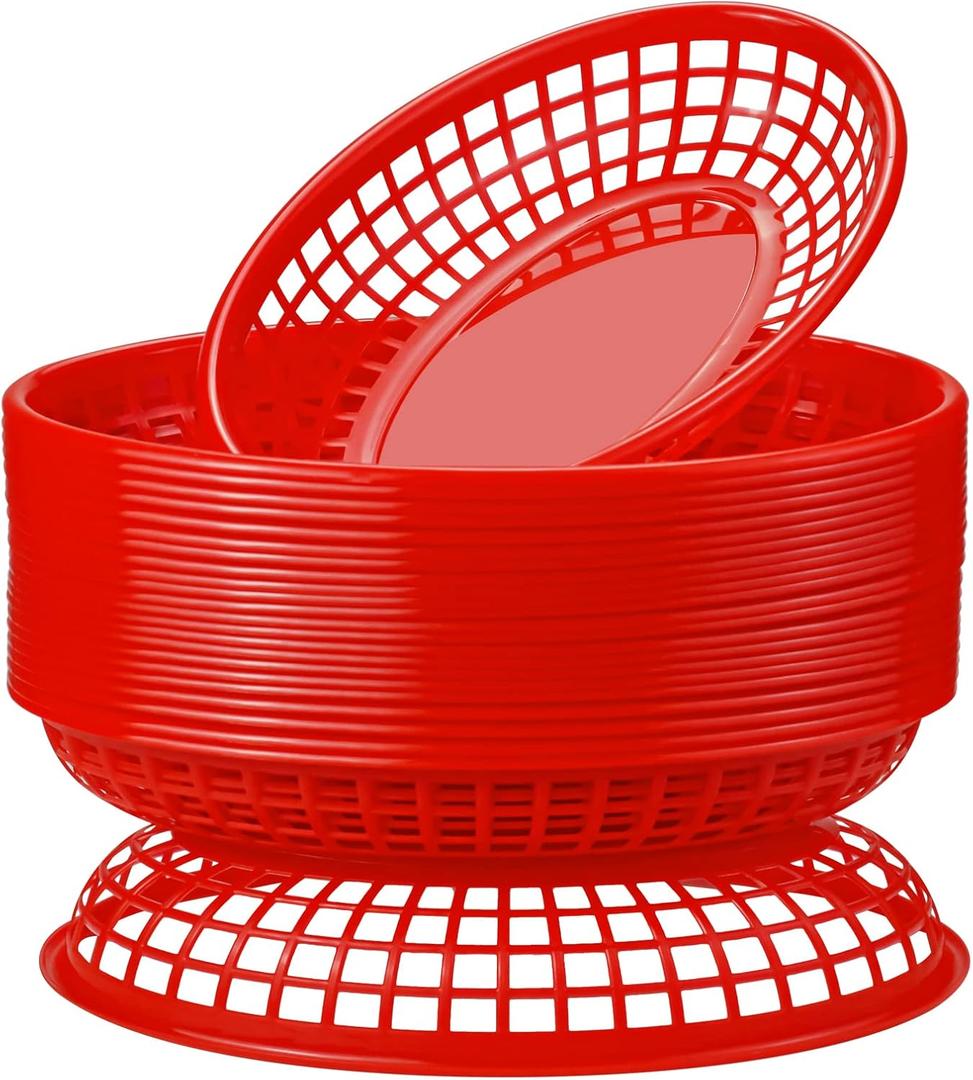 24 Pack Fast Food Baskets, Plastic Fast Food Restaurant Baskets, Bread Fry Baskets Serving Tray for Hot Dogs, Chicken, Burgers, Sandwiches, Fries(Red)