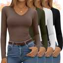 4 Pack Women's Long Sleeve Thermal Shirts Fleece Lined V Neck Slim Fit Underwear Base Layer Basic Winter Warm Tops (Medium, Black, White, Olive Green, Gray Coffee)