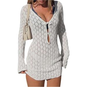 GORGLITTER Women's Crochet Bikini Cover Up Dress Cut Out Long Sleeve Beach Bathing Suit Swimsuit Outfits (White, M)