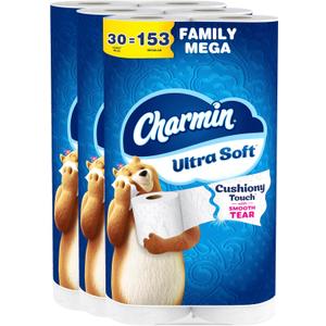 Charmin Ultra Soft Cushiony Touch Toilet Paper, 30 Family Mega Rolls = 153 Regular Rolls (288 sheet (Pack of 30))