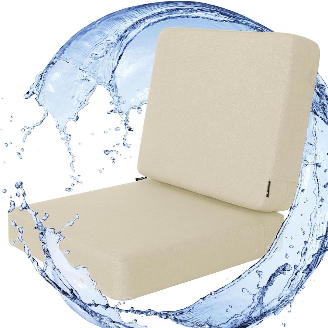 Favoyard Outdoor Deep Seat Cushion Set, 22 x 22 Inch Rainproof & 3-Year Fade Resistant Patio Furniture Cushions, Removable Seat Bottom & Back Cushion Covers with Ties for Chair, Sofa, Couch, Beige
