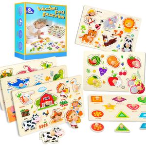 Wooden Peg Puzzles for Toddlers,Montessori Toddler Jigsaw for Child,Fine Motor Skill Learning Puzzle Toys for Baby Boys Girls Gifts-6 Pcs Shape,Farm,Sea Animal,Dinosaurs,Fruits,Animal