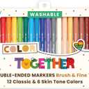 Ooly Color Together Dual Tip Markers - 18 Colors, 12 Bright & 6 Skin Tone, Brush and Point Tip on Each Marker for Kids, Double Ended Markers for Art Supplies & Stationery Sets