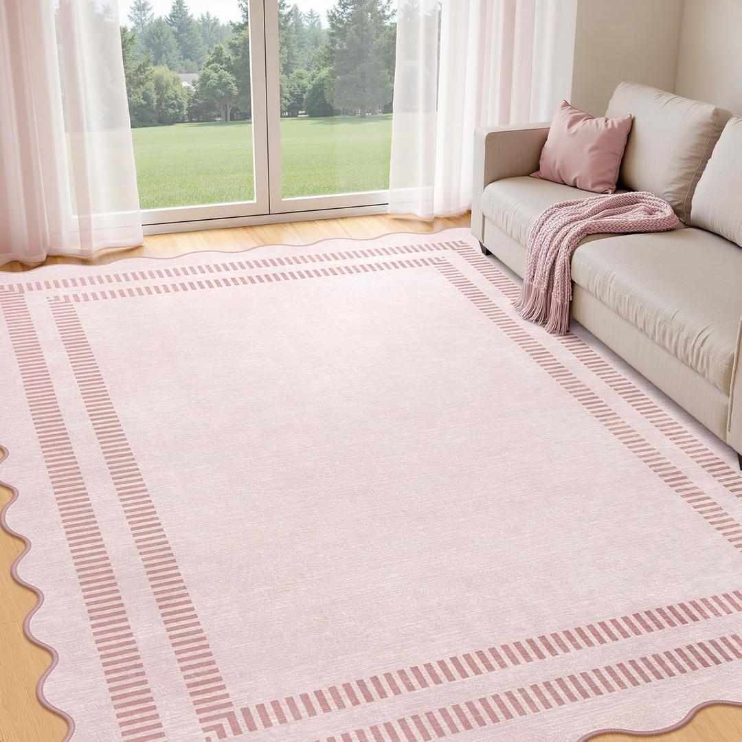 Pink Rugs for Living Room 8x10, Soild Machine Washable Area Rugs for Bedroom Girls, Non Slip Ultra-Thin Low-Pile Carpet for Playroom Nursery Kids Room