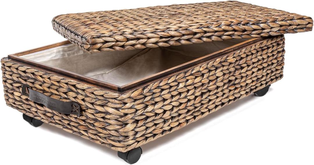 Happimess BSK1006B Chett Minimalist Hand-Woven Hyacinth/Wood Underbed Storage Bin with Wheels and Handles for Storage and Decoration in Bathroom, Bedroom, Closet, Entryway, Guest Room, Brown Wash (Brown Wash)