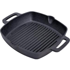 Bruntmor 10 Inch Square Cast Iron Grill Pan Steak Pan Pre Seasoned Grill Pan with Easy Grease Drain Spout, with Large Loop Handles for Grilling Bacon, Steak, and Meats