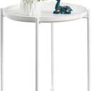 HollyHOME Round Metal Side Table, Outdoor Small Folding Accent Stand with Removable Tray, 17.72'' Portable End Table for Balconies, Gardens, Living Rooms and Bedrooms, White