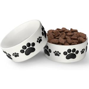 Ceramic Dog Bowls for Small Size Dog - 5'' Round 2 Tall Dog Food Bowl & Water Bowl Set of 2 - Small Dog Bowls with Anti-Slip Rings - 2 Cups Food and Water Bowls for Dogs and Cats