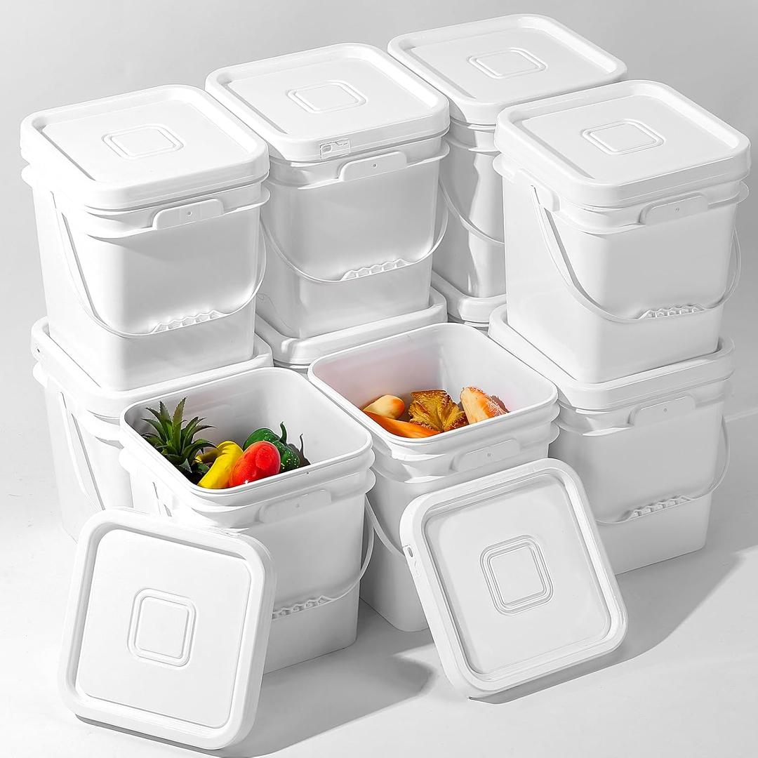 Hushee 12 Pack 4 Gallon Square Bucket White Food Grade Bucket with Handles and Lid Square Plastic Heavy Duty Container Storage Food Storage Pail for Packaging Sealing Dry Camping Fishing, 10.7 x 8.8 x 12.2 inches