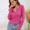 TICTICMIMI Women's Button Down Shirts Long Sleeve Henley Tops Casual Tunic Blouse Hot Pink (XL)