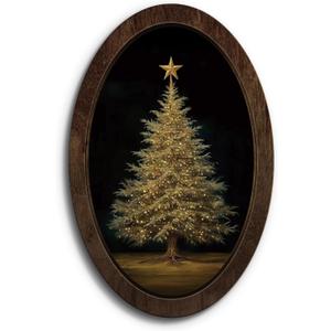 YZSLA Vintage Christmas Tree Oval Framed Wall Art Decor,Dark Antique Moody Christmas Home Room Decor, Winter Xmas Tree Holiday Wooden Antique Picture Wall Decorations for Bedroom Living Room, 15.7x10.2