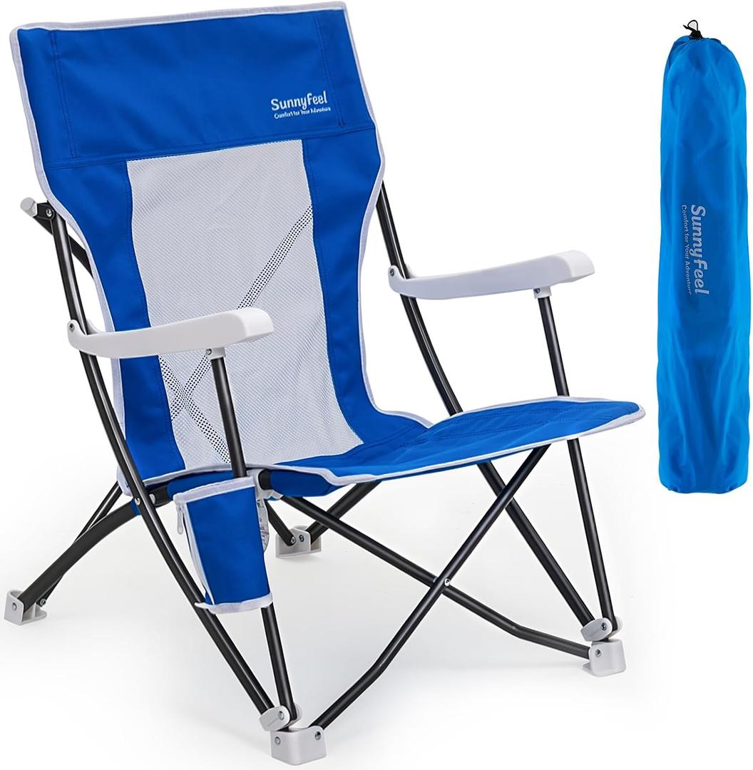 SUNNYFEEL Beach Chairs for Adults, High Back Folding Camping Chairs
with Hard Armrests, 300 LBS Capacity, Heavy Duty Frame, Cup Holder, Shoulder Strap and Carry Bag for Beach, Camping, Travel