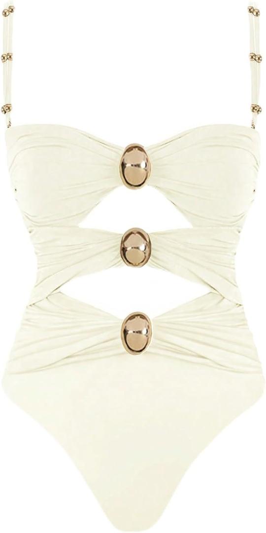 QJQ Women's One Piece Swimsuit Tummy Control Cut Out Color Block Adjustable Straps Slimming Bathing Suit (Large, White)