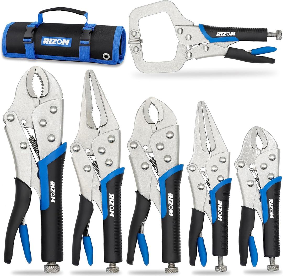 Rizom Vice Grips Pliers Set, 6-Piece Locking Pliers Set, 6-1/2, 9-1/2 Needle Nose Vice Grips, 5, 7 and 10 Curved Jaw Vise Grip, 6 C-clamp Locking Pliers, Fast Release with Rolling Pouch