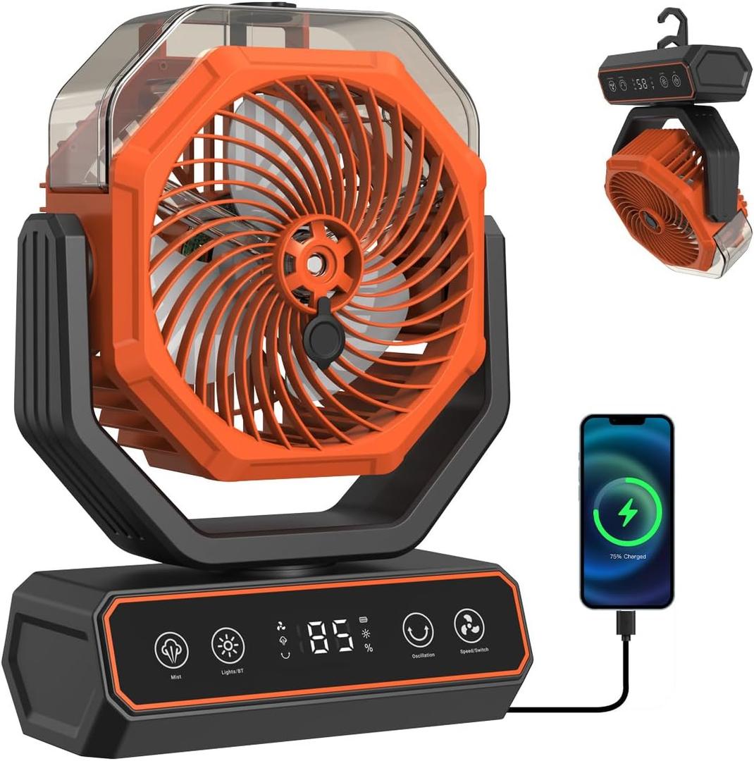 Misting Fan Portable &40000mAh Power Bank - 360mL Tank, 18H Cooling, 2 Mist Modes, 8H Timer, RGB Lights, Hanging Hook for Camping, Beach, Patios, Outdoors (Emergency orange-Highquality-Oscillation)