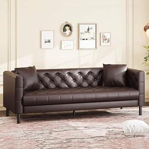 GarveeHome 81 in Leather Couch for Living Room, Modern Sofa Couch with Deep Seat and 2 Pillows, Handmade Button Tufted 3 Seater Sofa, Leather Sofa for Apartment, Office, Dark Brown