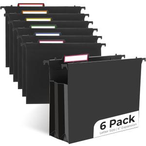 Y YOMA Plastic Extra Capacity Hanging File Folder, Letter Size, 4 Expansion, 6 Pack Black Reinforced Expanding Hanging Folders with Tabs, Heavy Duty Waterproof Accordion for Bulky Files