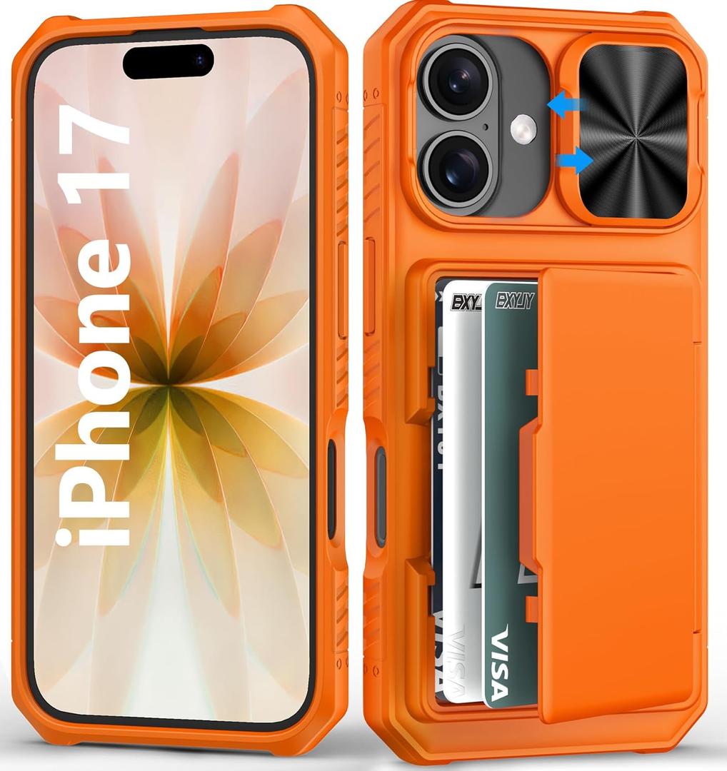 BXYJY for iPhone 17 Phone Case Wallet, Card Holder (4-5 Cards), Slide Camera Cover, Military Grade Protection, Rugged Hard Women Girly Men Shockproof Protective Silicone Case for iPhone17 6.3", Orange