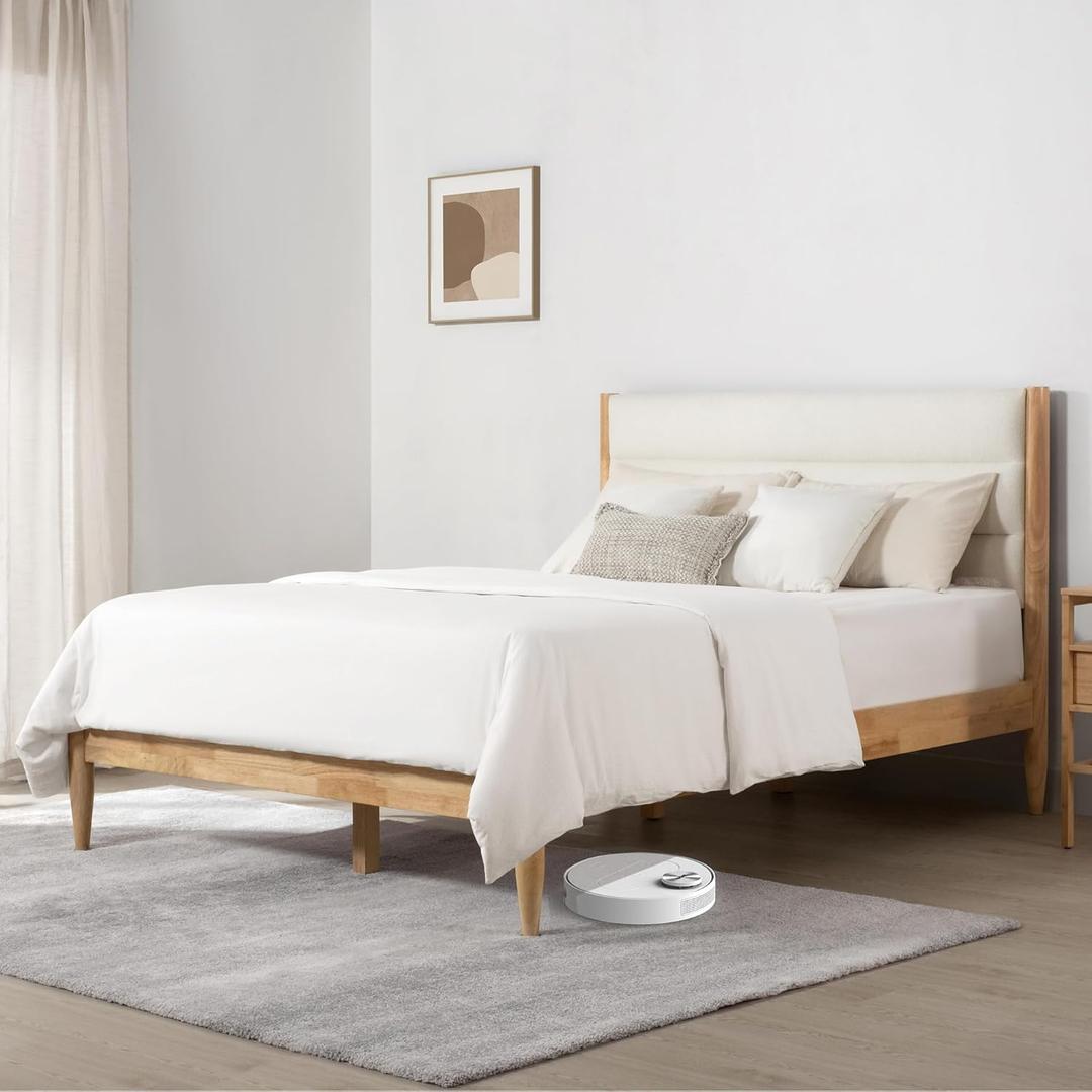 Bed Frame with Upholstered Headboard (Full, Cream)