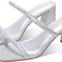 Women's Square Open Toe Heeled Sandals Two Strap Mules Slip On Block Chunky Mid Heels Sandals (Silver)